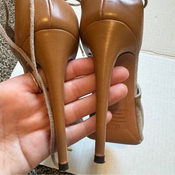 Aquazurra Sexy Thing Tan Leather Stiletto Heels Womens 8.5 Lace Up Luxury Shoes - Picture 7 of 10
